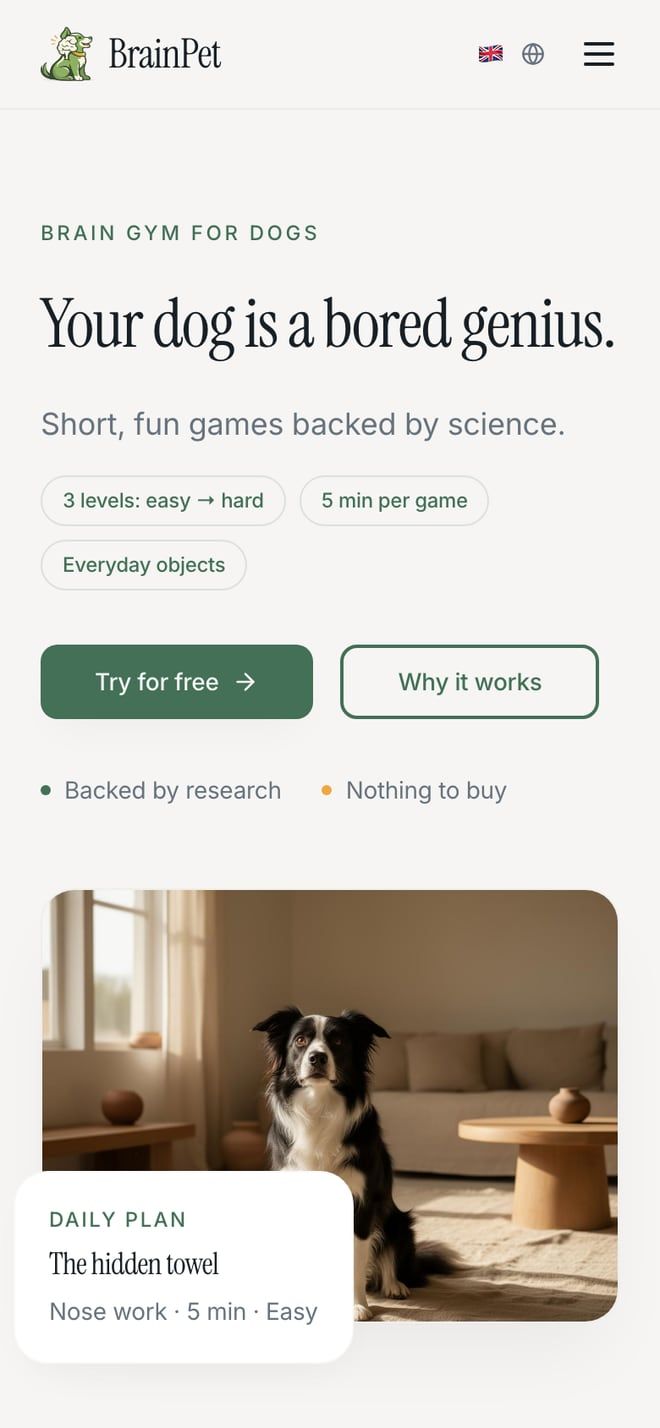 La page d’accueil de BrainPet sur mobile, avec le bouton pour essayer gratuitement