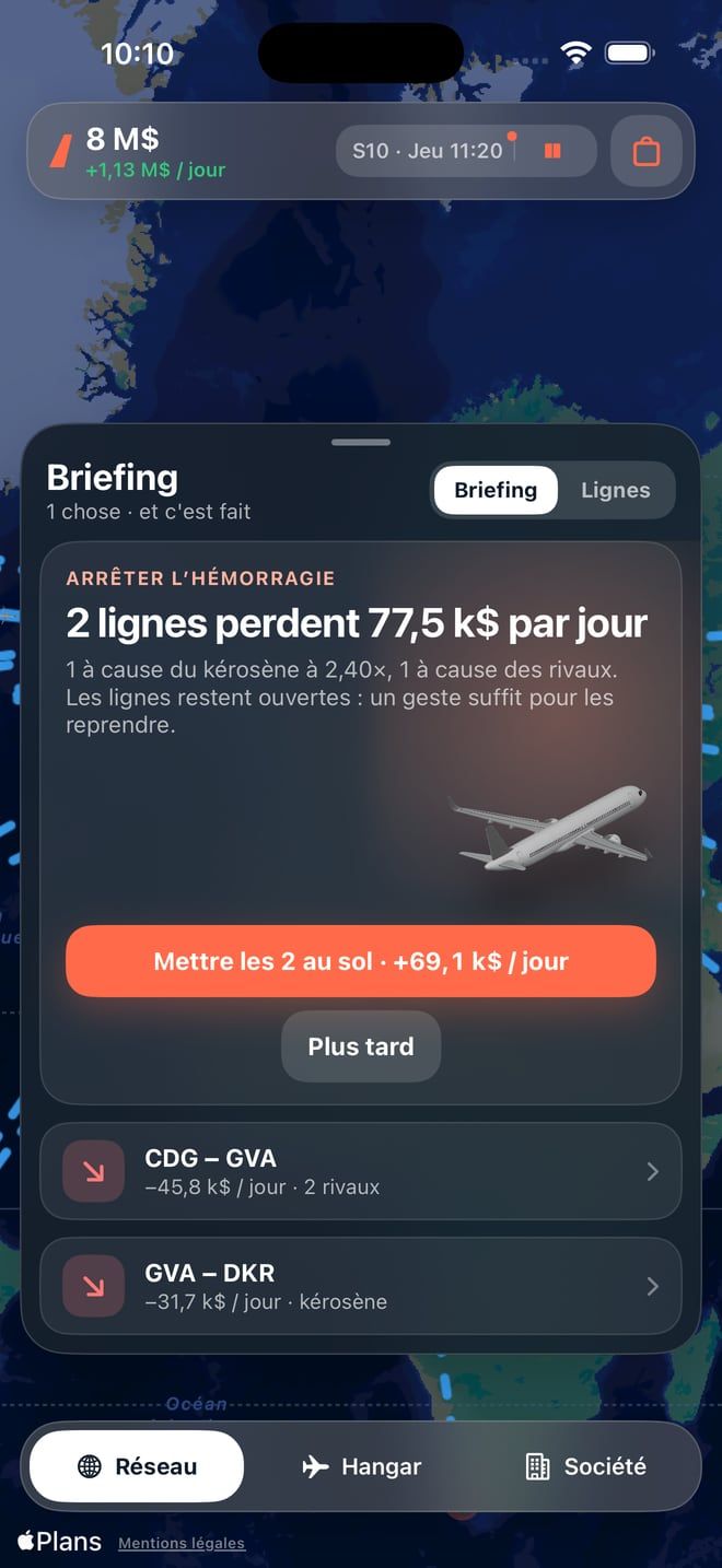 Jetstream sur iPhone : le briefing du jour, qui propose de mettre au sol deux lignes déficitaires