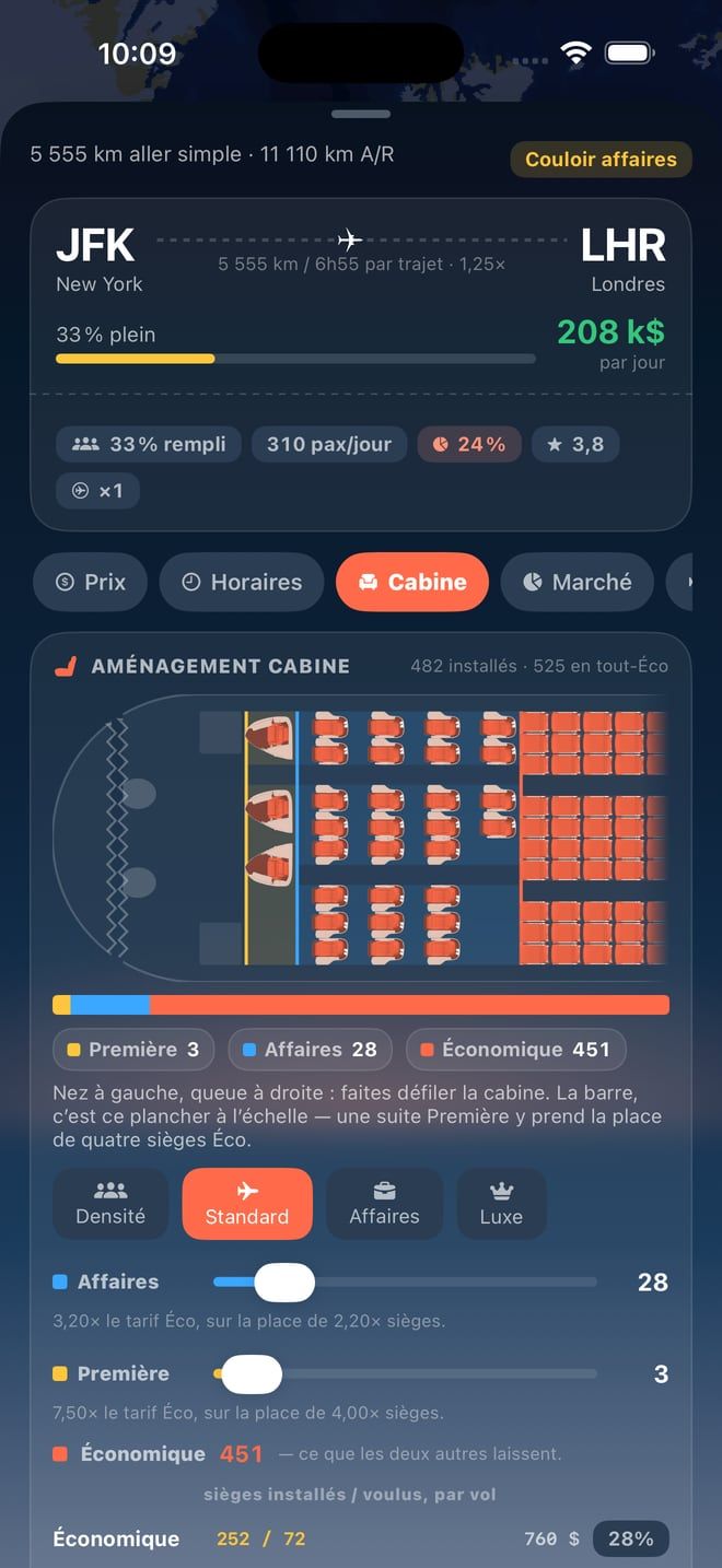 Jetstream sur iPhone : le plan de cabine d’un avion, siège par siège, avec les classes affaires et économique