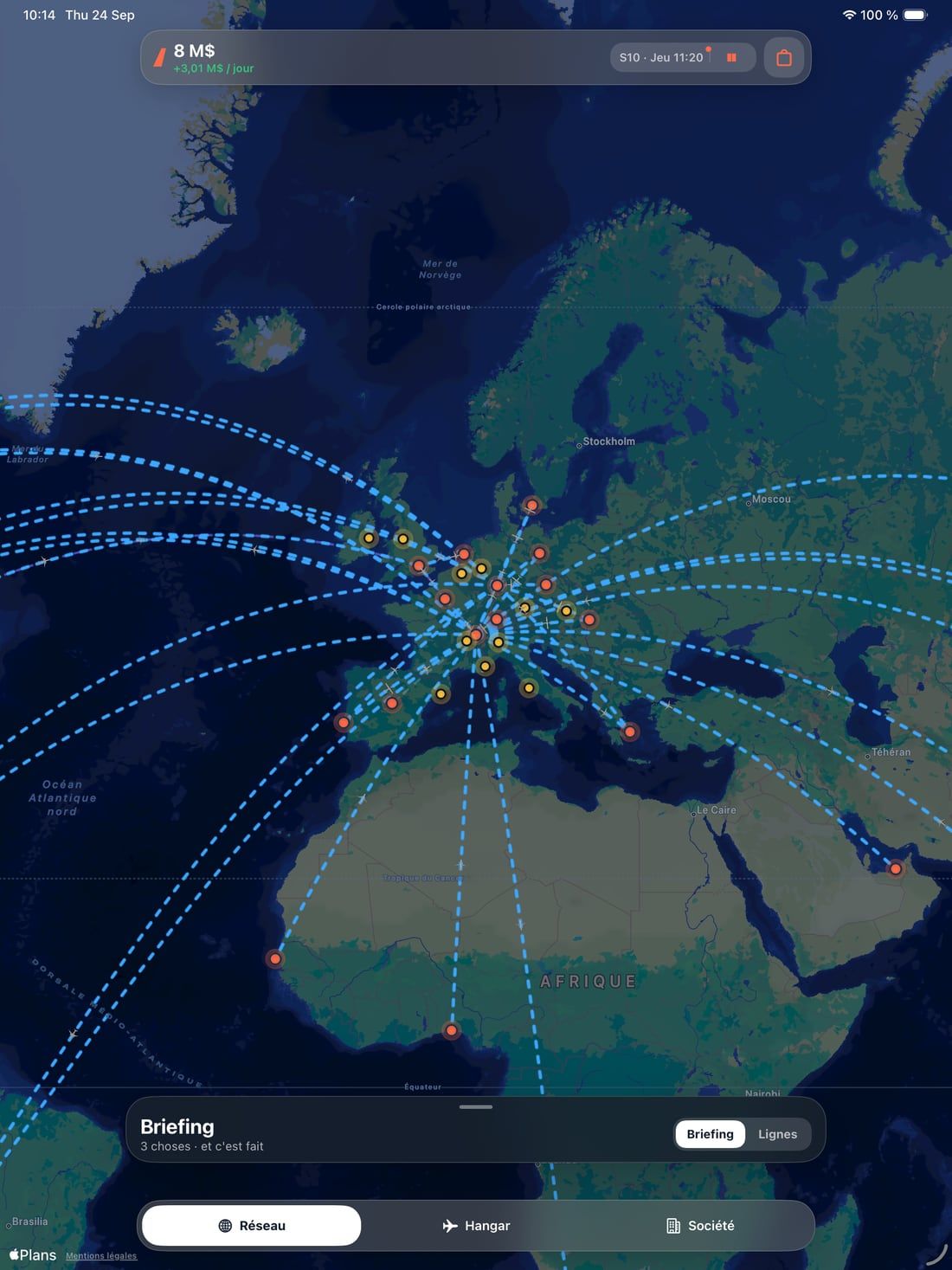 Jetstream sur iPad : la carte du réseau en plein écran, au-dessus de l’Europe et de l’Afrique
