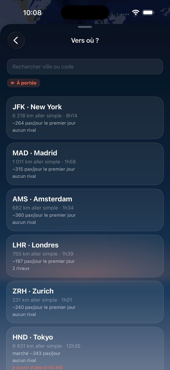 Jetstream sur iPhone : le choix d’une destination, avec la distance et la demande pour New York, Madrid ou Londres