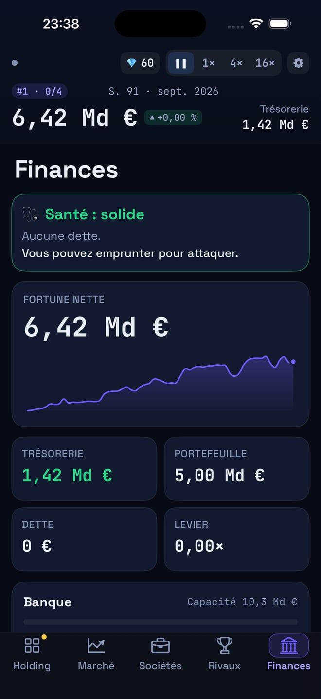 Business Tycoon sur iPhone : les finances du joueur, trésorerie, dette et levier
